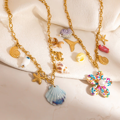 Ocean-Inspired Stainless Steel Necklace with Flower Pendant