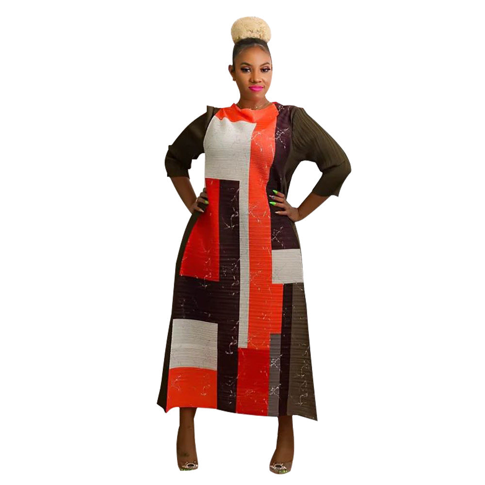 Fashionable Pleated Dress With Round Neck Print