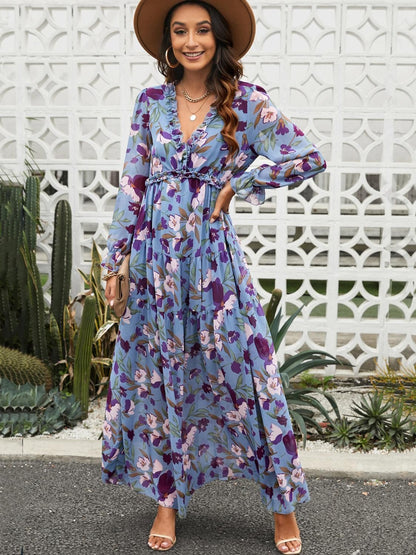 New Floral Print Long Sleeve Maxi Dress For Women