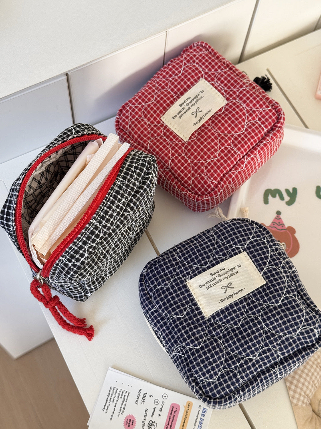 Color Block Heart Plaid Quilted Makeup Bag