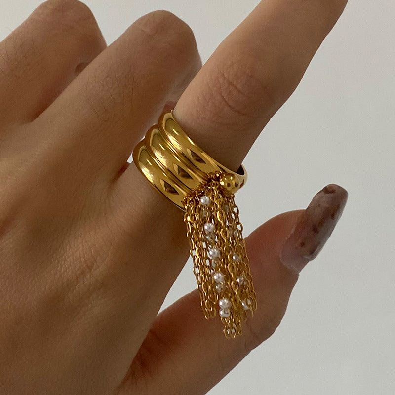 Elegant Pearl Tassel Pendant Open Ring
