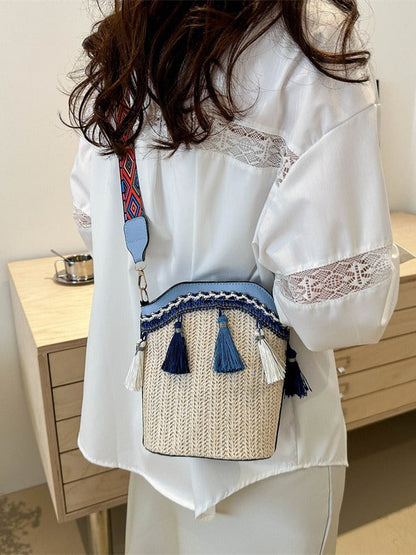 Ethnic Style Woven Bucket Bag Casual PU Crossbody Bag
