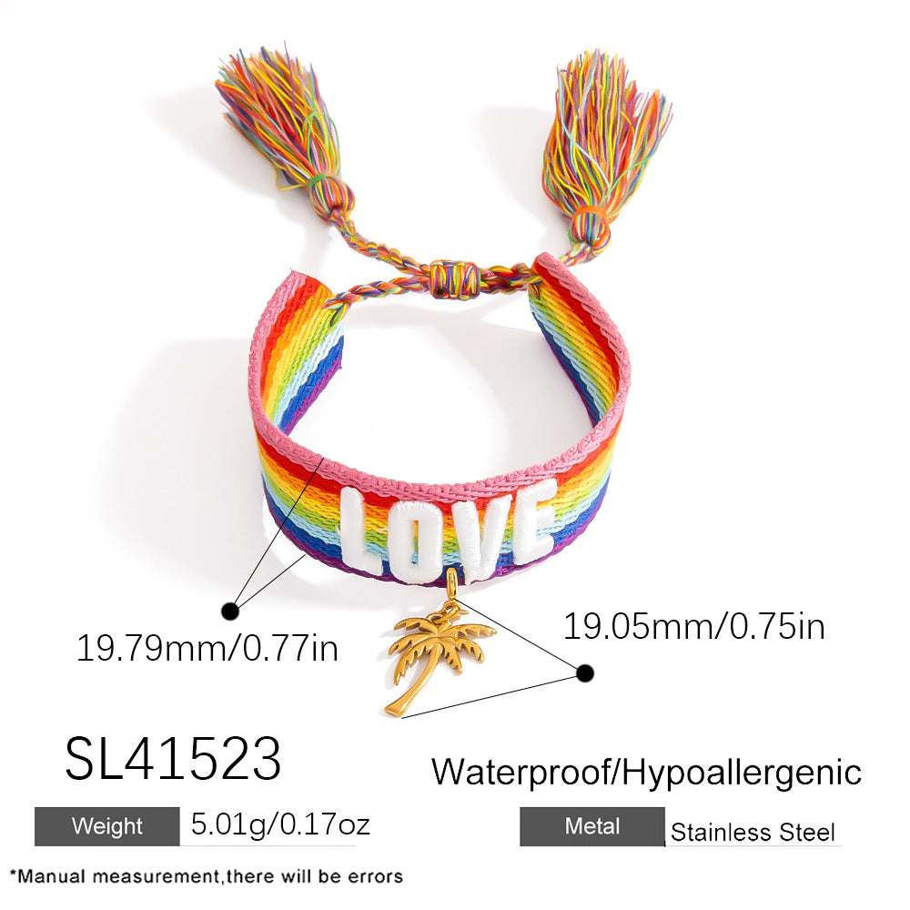 Adjustable Woven Bracelet with Rainbow LOVE Tassels