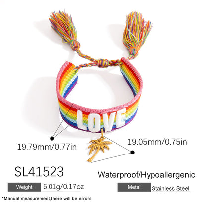 Adjustable Woven Bracelet with Rainbow LOVE Tassels
