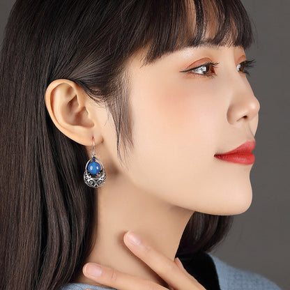 Ethnic Style Earrings Blue Agate Silver Earrings Retro Tibetan Style With Cheongsam Sterling Silver Earrings