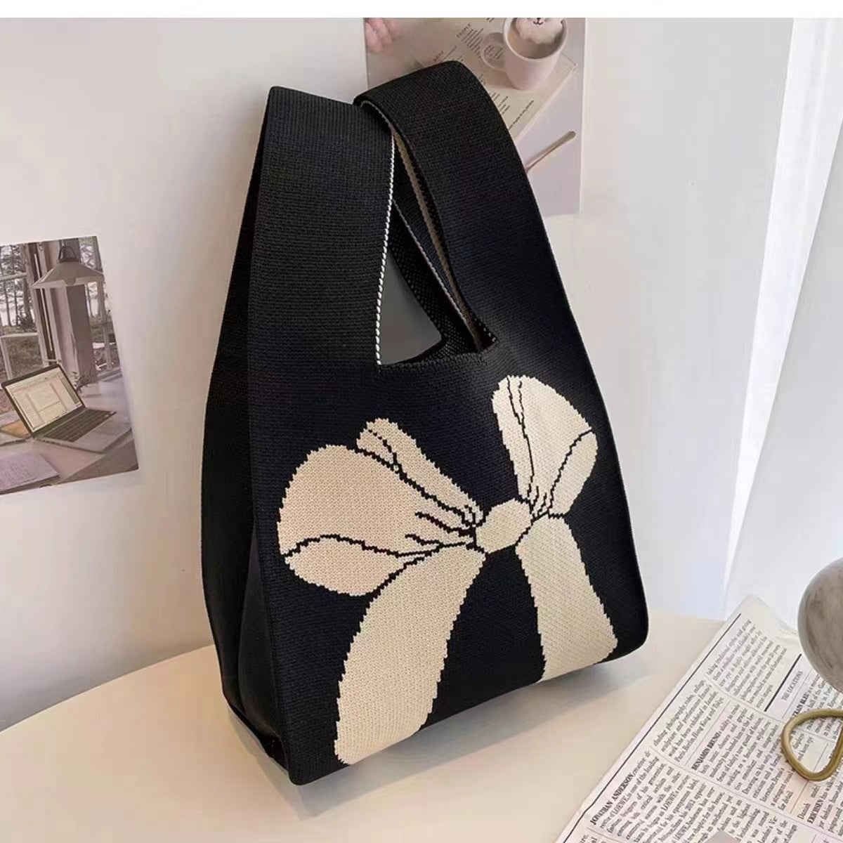 Knitted Tote Bag With Cute Designs Soft Polyester Casual