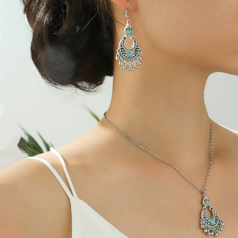 Bohemian Turquoise Long Drop Earrings Jewelry Set