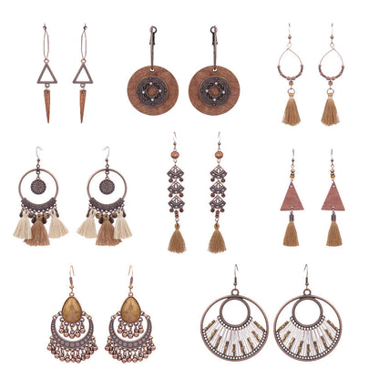 Exaggerated Vintage Geometric Wooden Earrings with Tassel and Bell