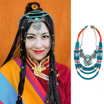 Ethnic Tibetan Hair Ornaments Tiara Headwear Bohemian Blue-Green Multilayer Beaded Pendant Headwear