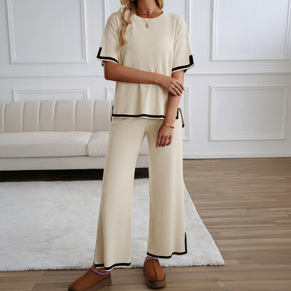 Casual Elegant Short Sleeve Knit Set with Pants