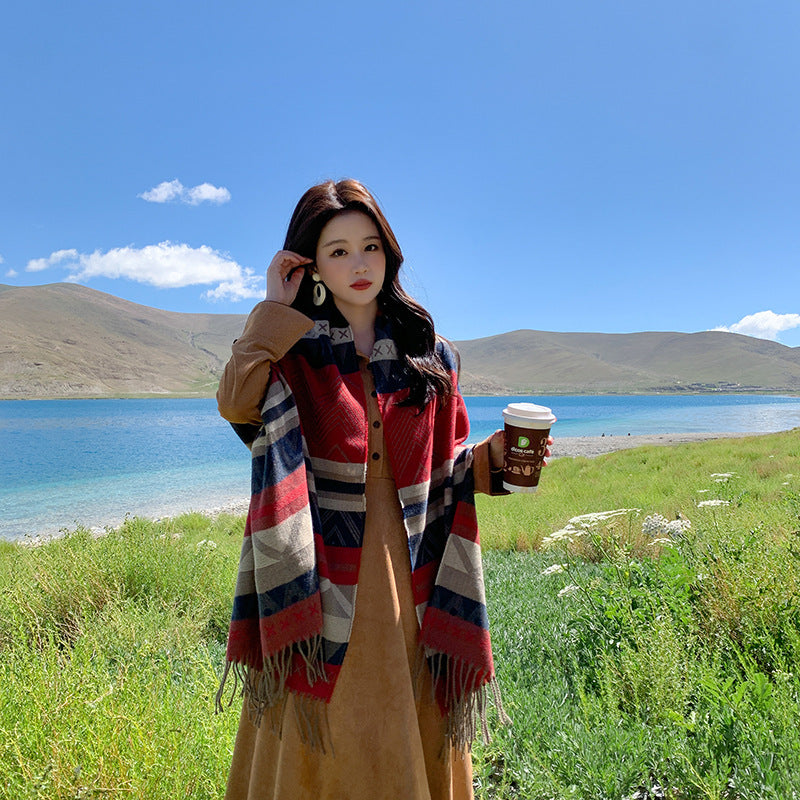 Autumn And Winter New Ethnic Style Vintage Shawl Travel Photo Versatile Bib Roman Stripe Warm Tassel Scarf