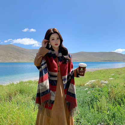 Autumn And Winter New Ethnic Style Vintage Shawl Travel Photo Versatile Bib Roman Stripe Warm Tassel Scarf