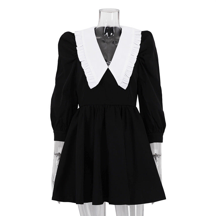 French Color Block A-Line Dress With Peter Pan Collar