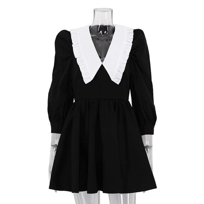 French Color Block A-Line Dress With Peter Pan Collar