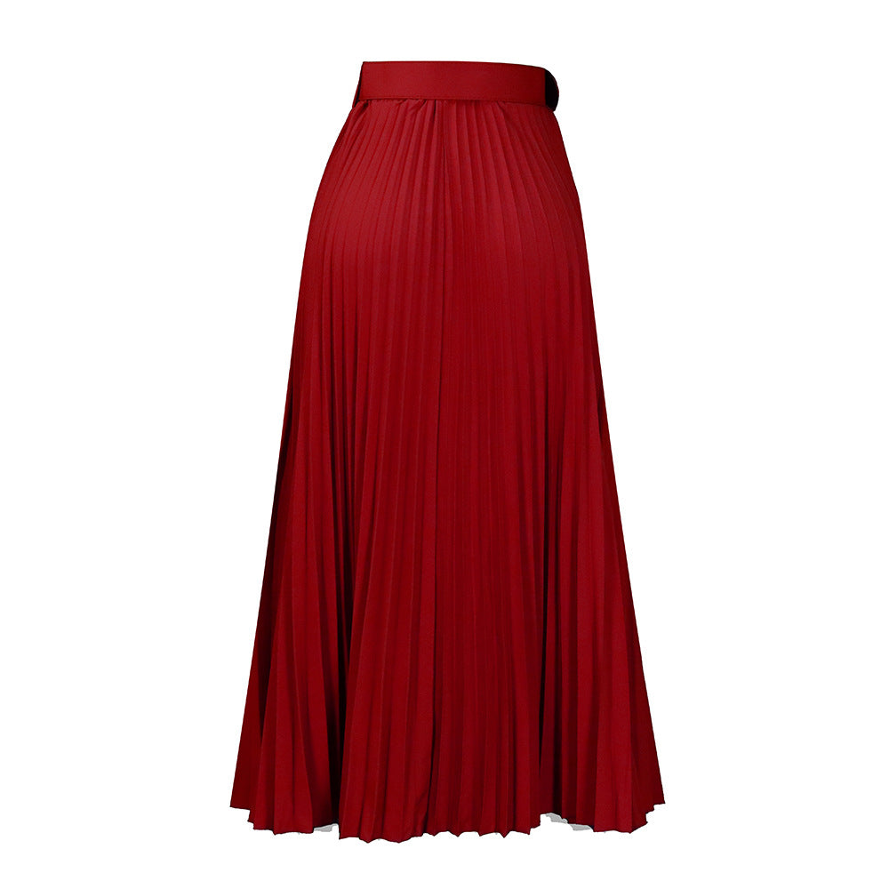 High Waist A-Line Midi Skirt With Belt In Solid Colors