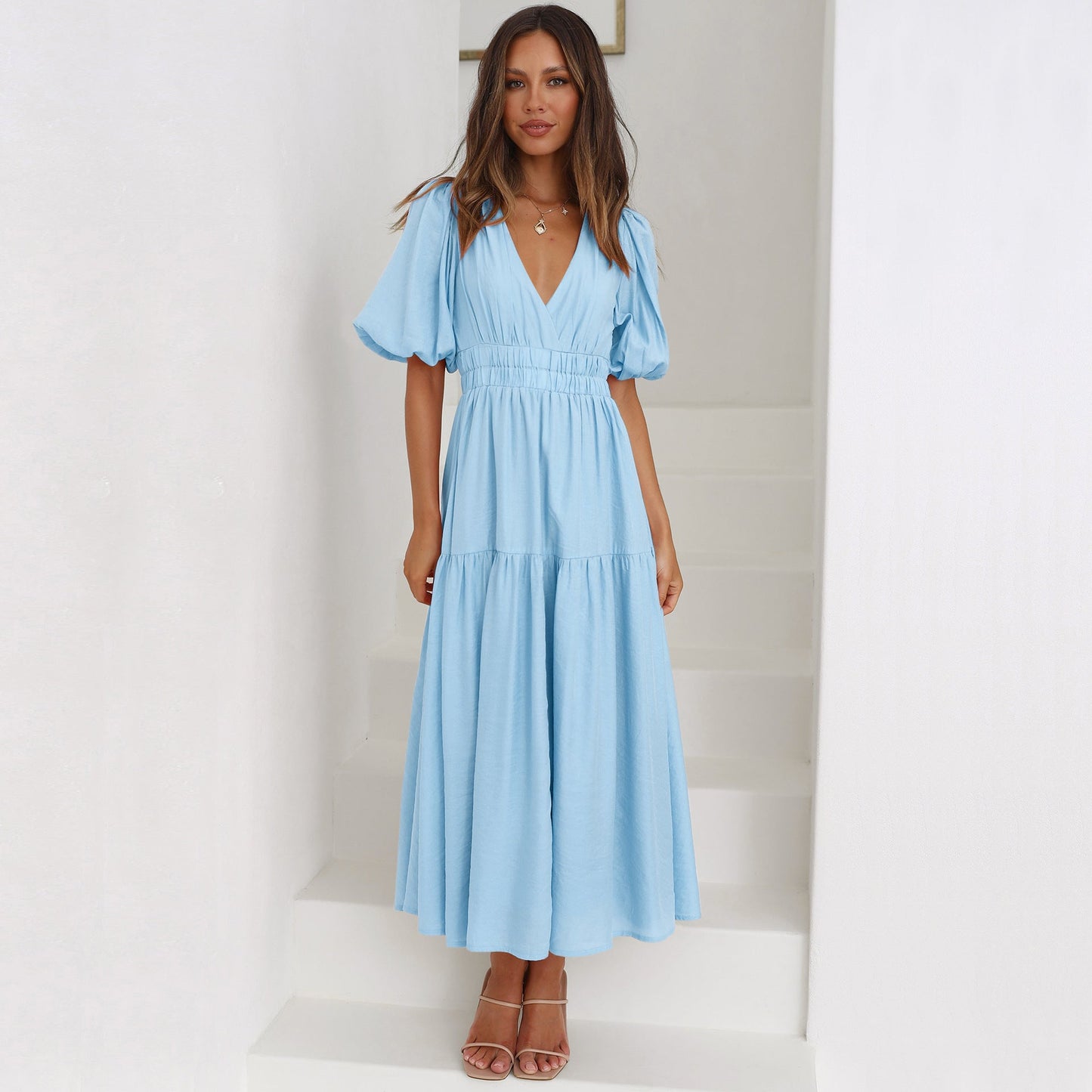 Elegant Ruffle Detail Evening Gown in Various Colors