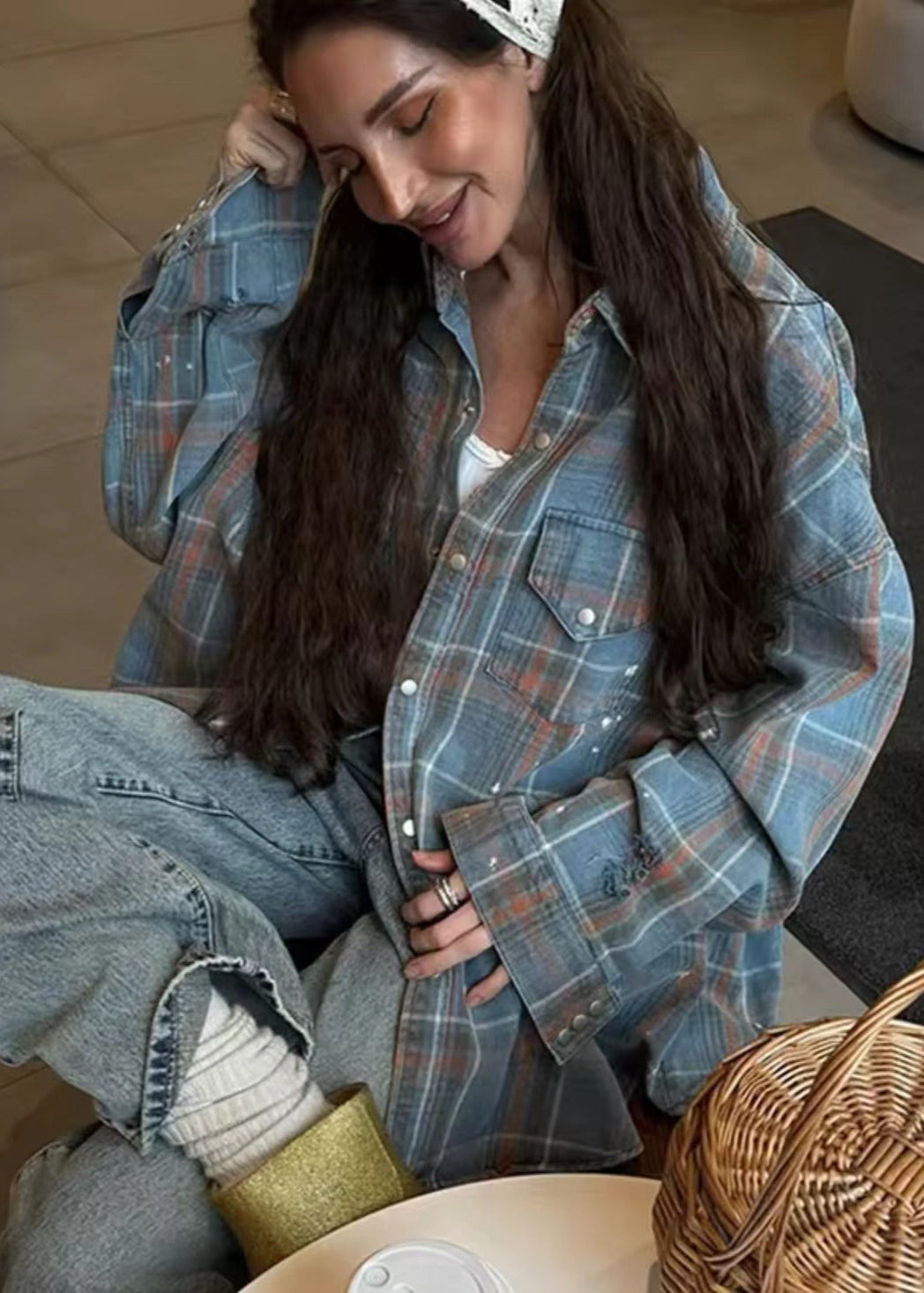 Oversized Plaid Button Up Shirt Polyester Flannel