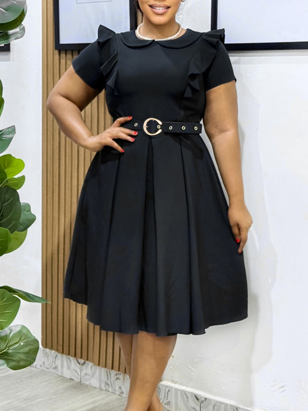 Elegant High Waist Ruffle Hem A-Line Dress With Peter Pan Collar