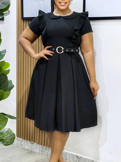 Elegant High Waist Ruffle Hem A-Line Dress With Peter Pan Collar