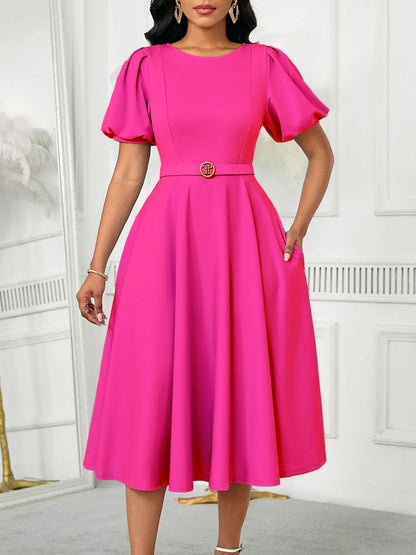 Elegant High-Waist A-Line Dress With Puff Sleeves