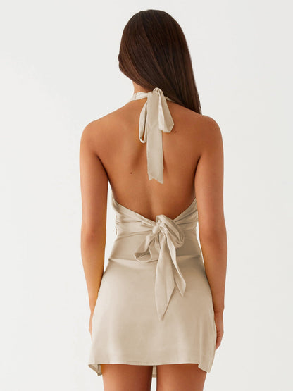 V-Neck Ruched Backless Midi Dress Stylish Elegant