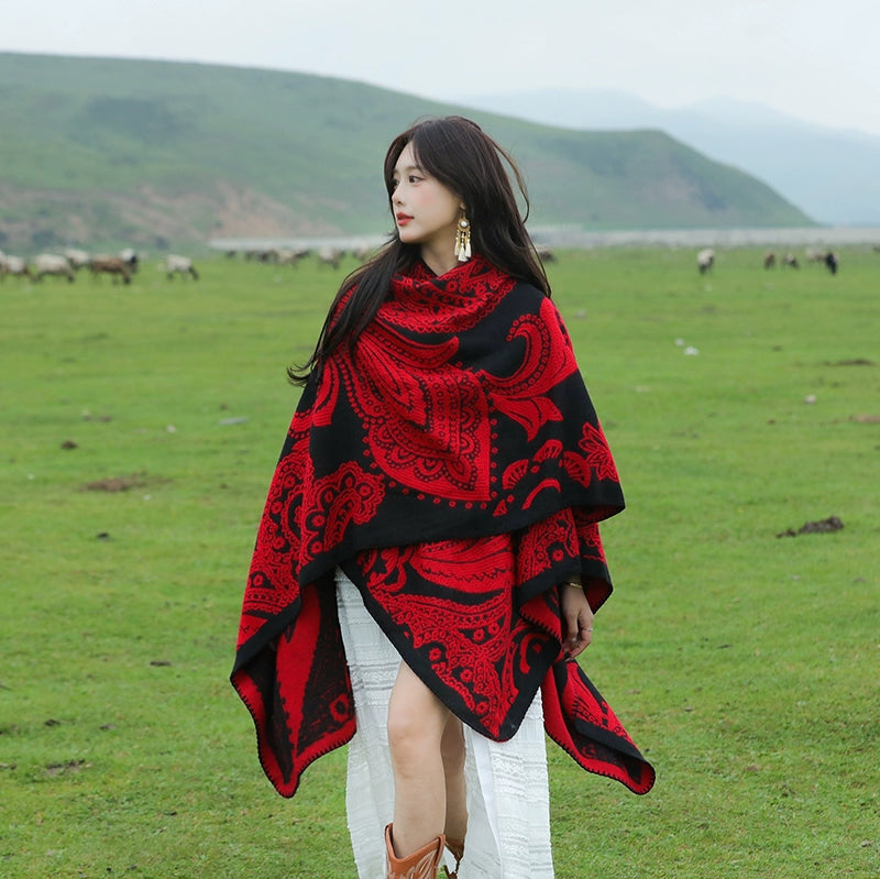 Tibetan Great Retro Totem Red Warm Outer Shawl Women'S Scarf Autumn And Winter Cloak Big Cloak