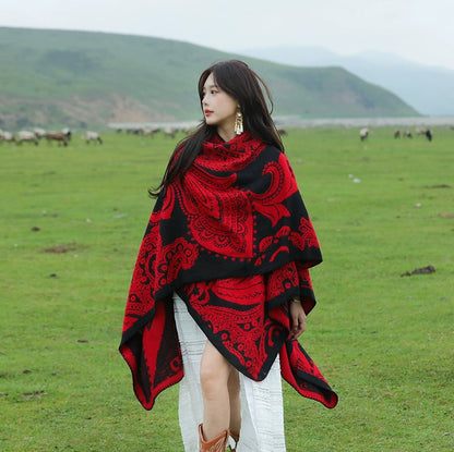 Tibetan Great Retro Totem Red Warm Outer Shawl Women'S Scarf Autumn And Winter Cloak Big Cloak