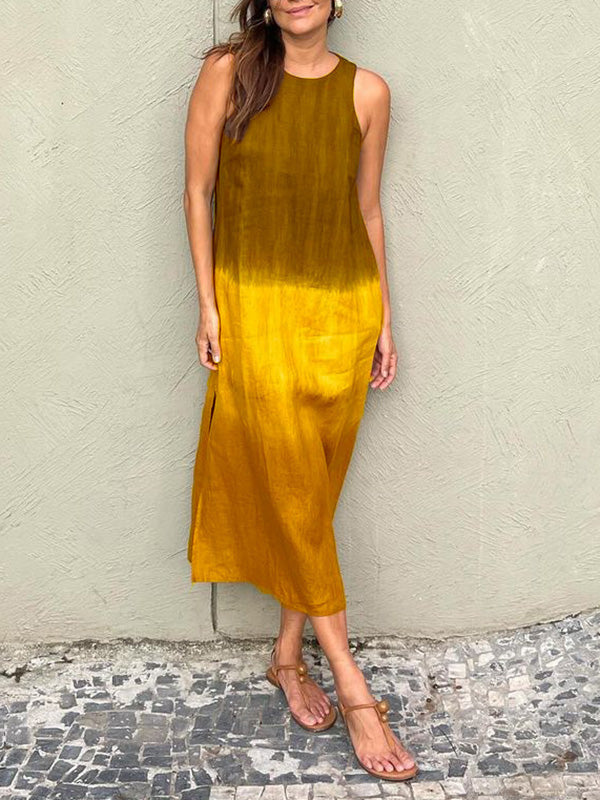 Women'S Clothing Europe And The United States Summer Women'S Casual Cotton And Linen Sleeveless Slit Gradual Change Dress