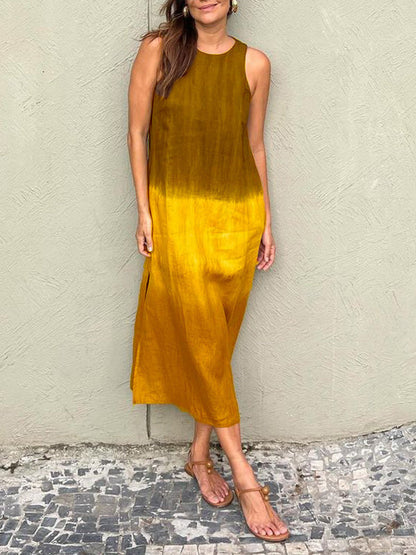 Women'S Clothing Europe And The United States Summer Women'S Casual Cotton And Linen Sleeveless Slit Gradual Change Dress