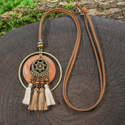 Bohemian Long Necklace with Tassels and Geometric Shapes