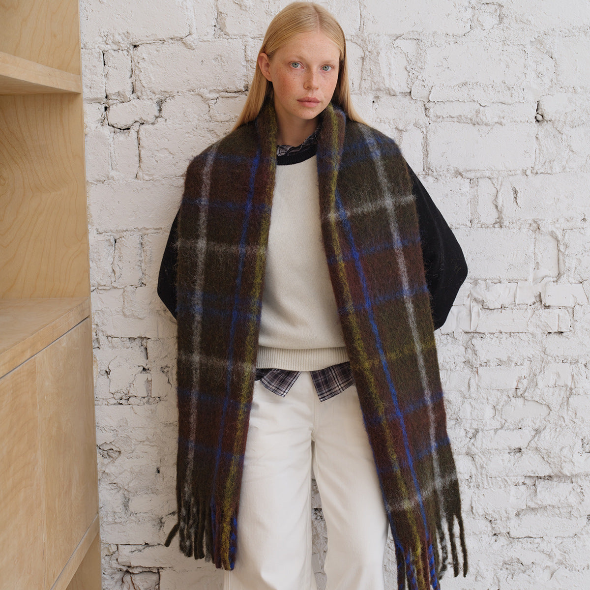 Wool Blend Plaid Scarf with Fringes Trendy Casual Wrap