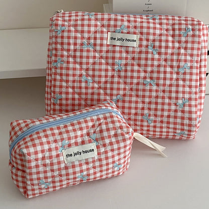 Large Capacity Plaid Bow Cosmetic Bag Retro Style