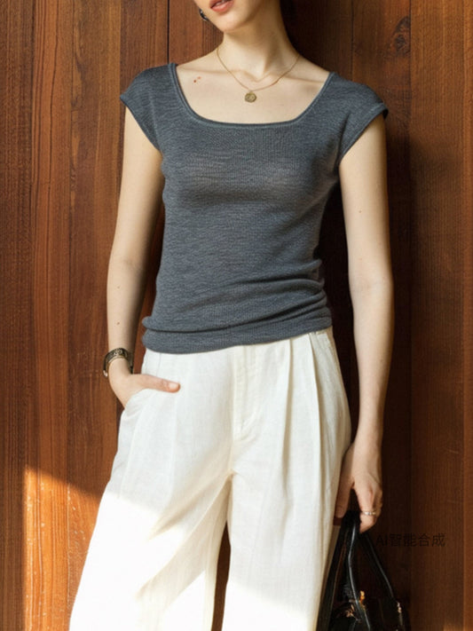 Stylish Square Neck Short Sleeve Knitted T-Shirt
