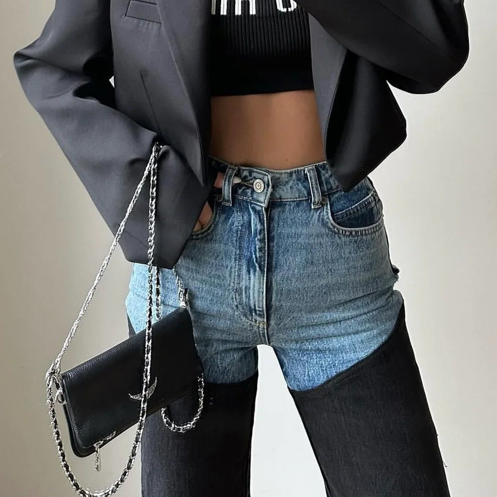 Color Block Splicing Straight Jeans