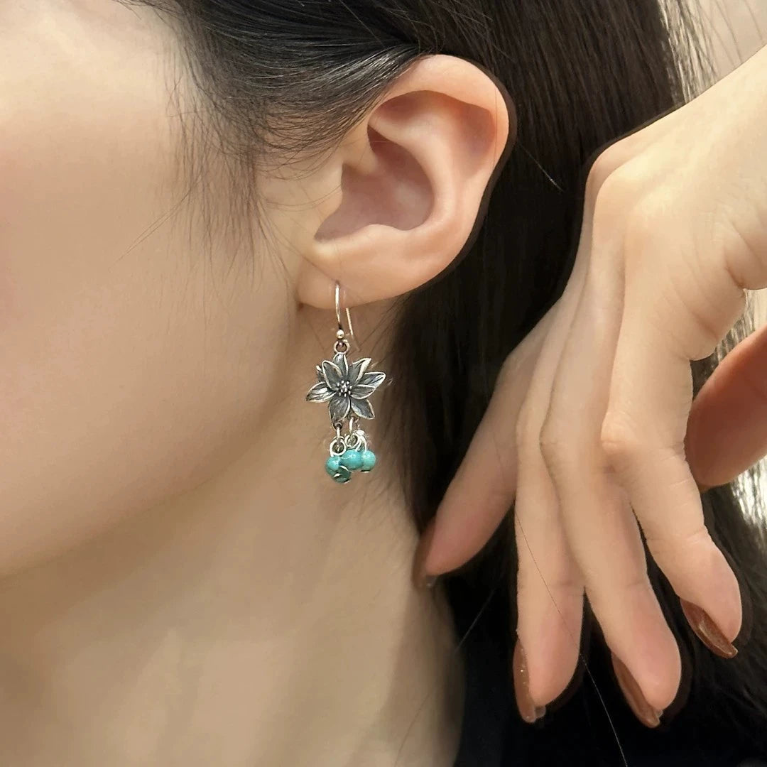 925 Silver Retro New Tibetan Lotus Fringed Turquoise Earrings Women'S Ethnic Style Old Niche Design High Sense