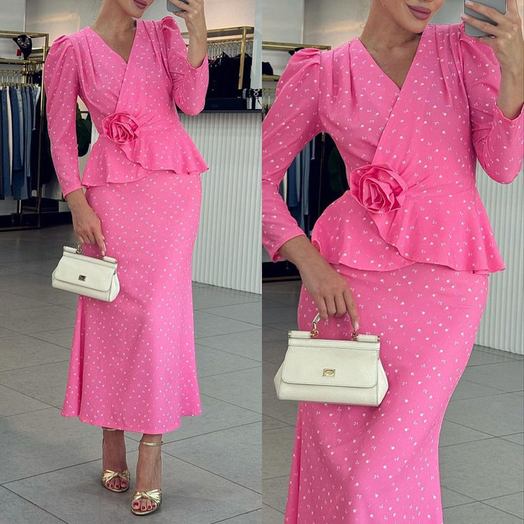 Fashionable V-Neck Long Sleeve Top and Bodycon Skirt Set