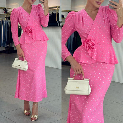 Fashionable V-Neck Long Sleeve Top and Bodycon Skirt Set