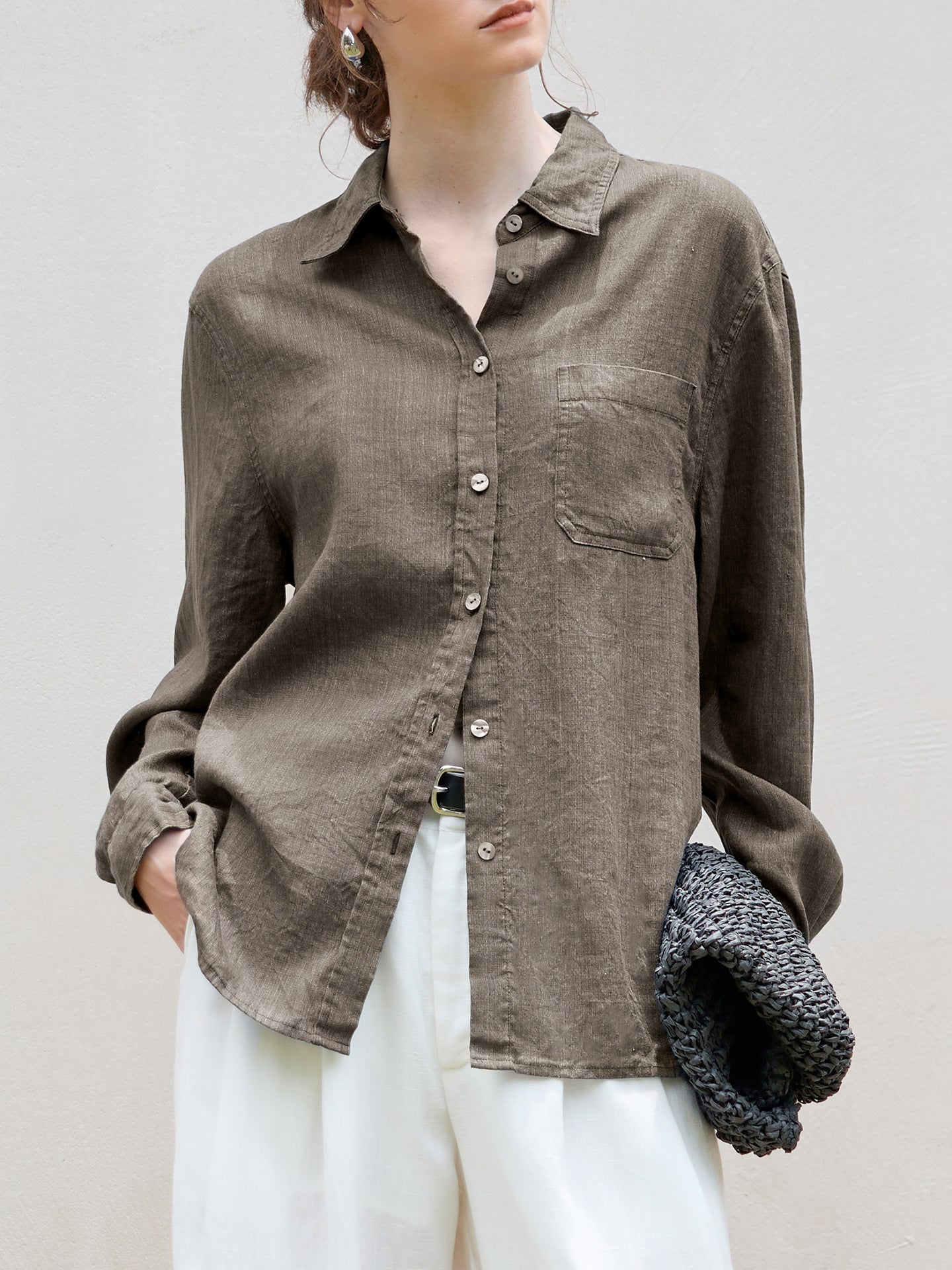 Elegant Linen Long Sleeve Shirt for Women in Solid Colors