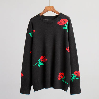 Colorful Rose Knit Sweater Casual Pullover