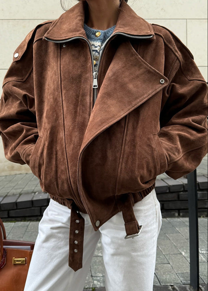 Suede Leather Moto Bomber Jacket Brown