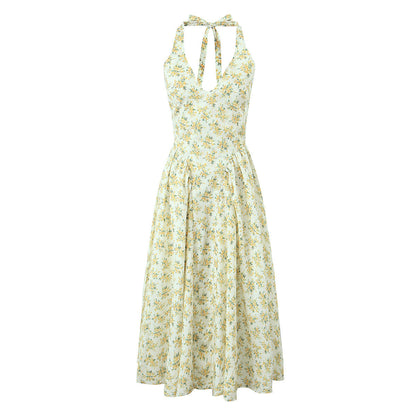 Vintage Floral Halter V-Neck Maxi Dress