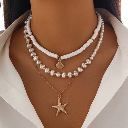 Trendy Pearl Bead Layered Necklace With Shells And Stars