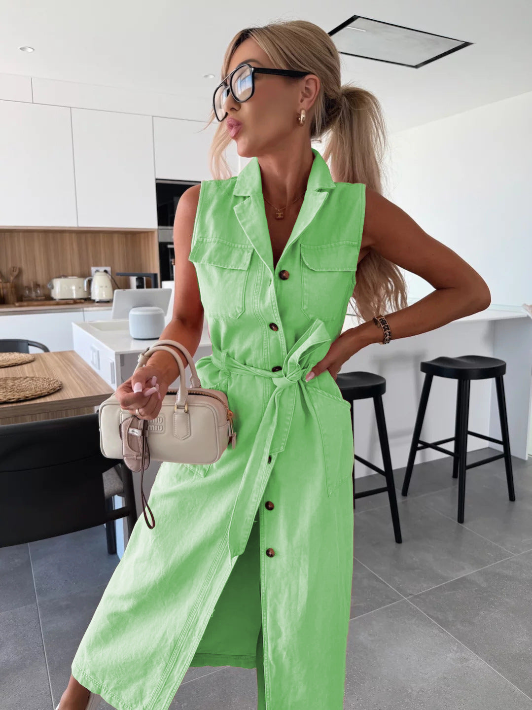 Casual Long Denim Dress With Belted Waist