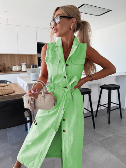 Casual Long Denim Dress With Belted Waist