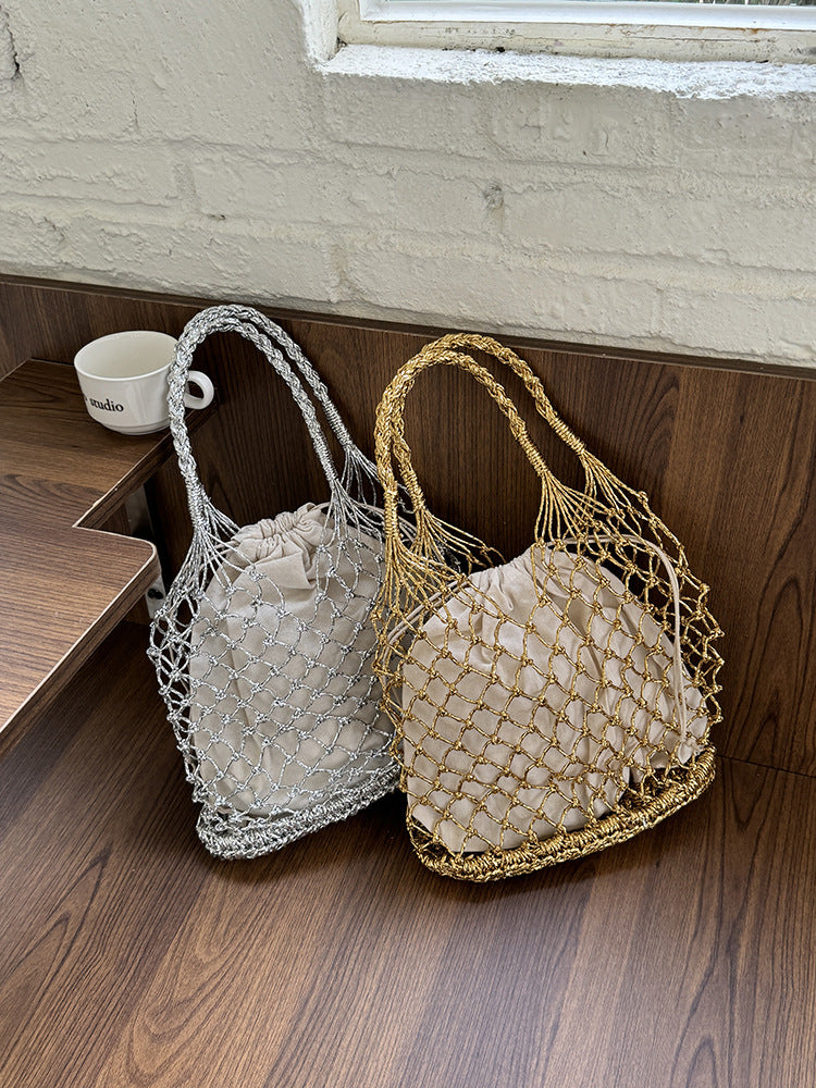 Handwoven Solid Color Tote Bag With Gold & Silver Lurex