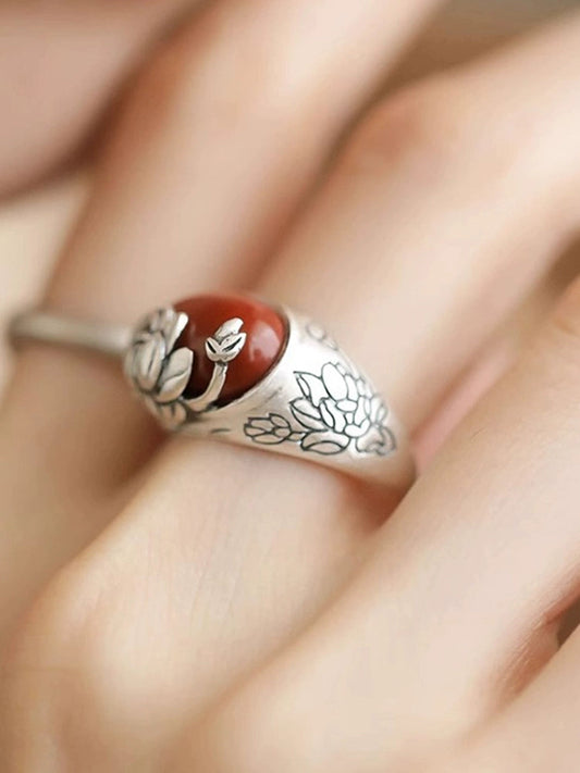 Agate Lotus S925 Silver Ring Women'S 2024 New Niche Design Retro Style Index Finger Ring Mother'S Day Gift