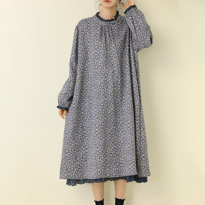 Floral Print Long Sleeve Dress Casual A-Line Dress with Ruffled Neckline