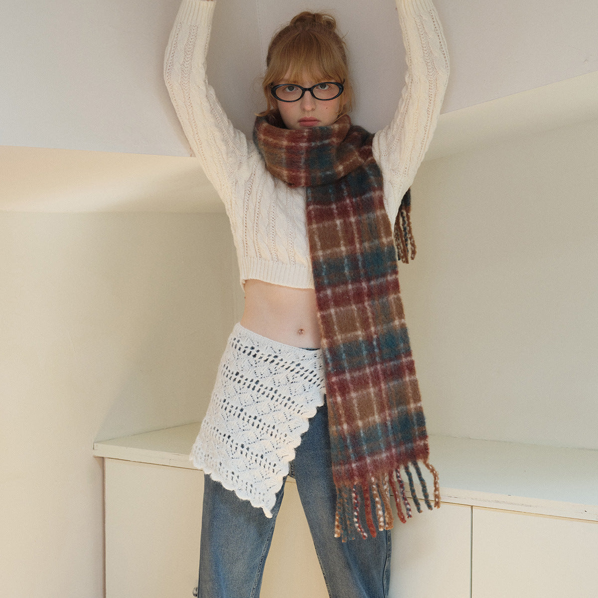 Vintage Plaid Scarf Soft Wool Blend for Women