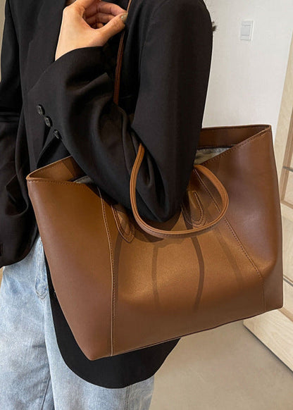 Two Tone PU Leather Tote Bag With Long Straps