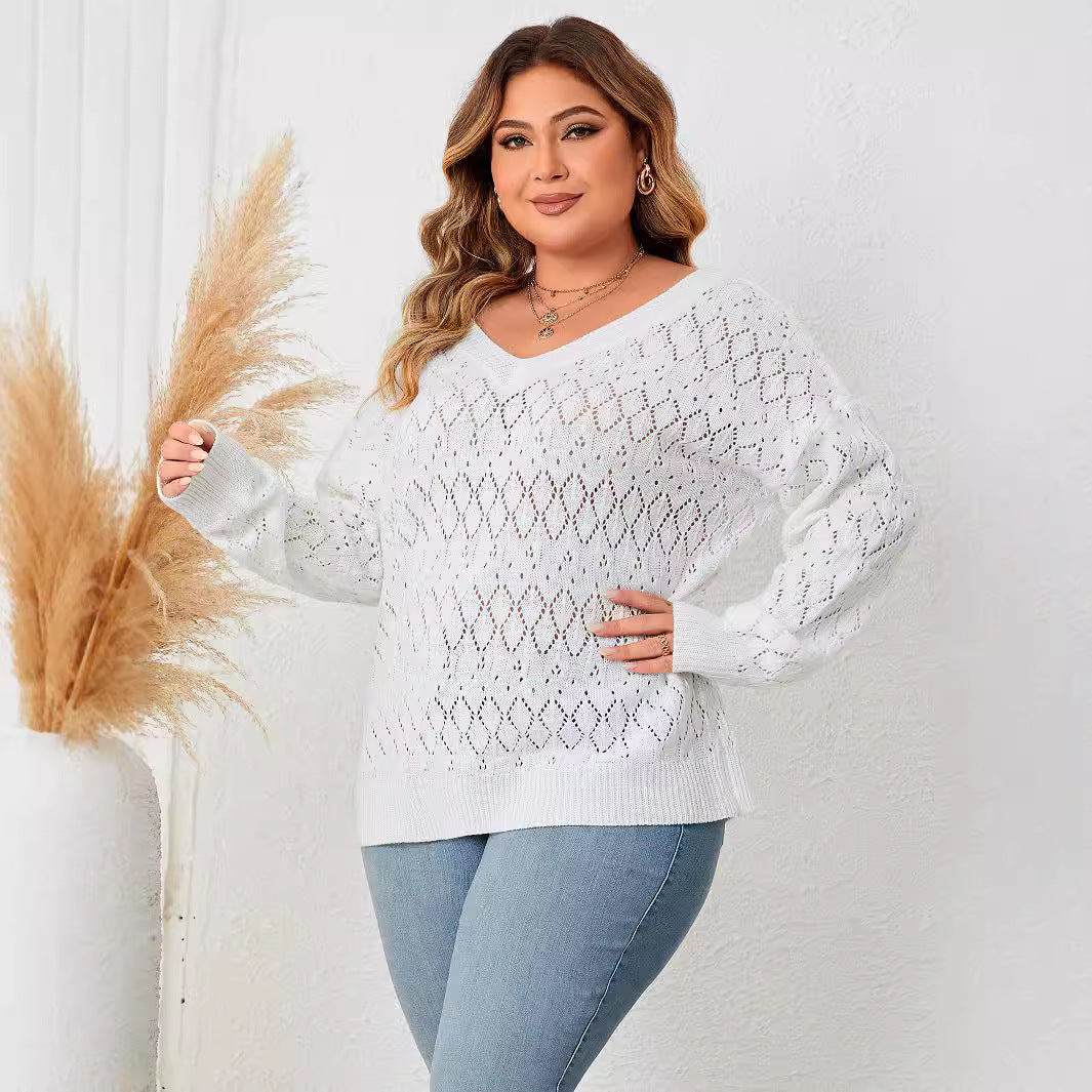 Oversized Hollow V-Neck Knit Sweater For Plus Size Women